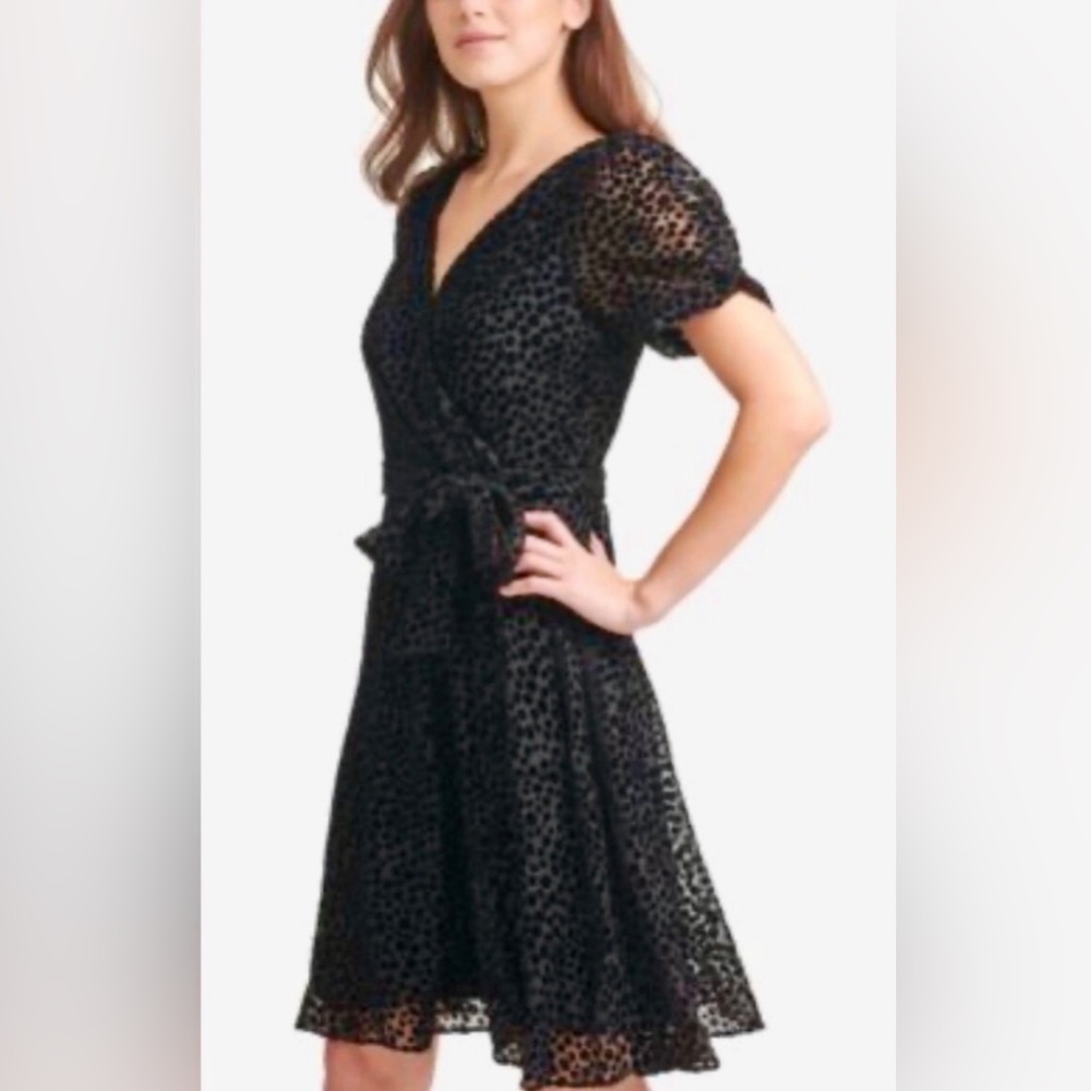 DKNY Velvet-Dot Faux-Wrap Dress